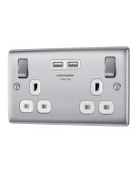 BG NBS22U3W Stainless Steel Double Switched 13A Socket with USB Charging - 2X USB Sockets (3.1A)