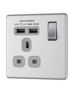 BG FBS21U2G Screwless Flat Plate Stainless Steel Single Switched 13A Socket with USB Charging - 2X USB Sockets (2.1A)
