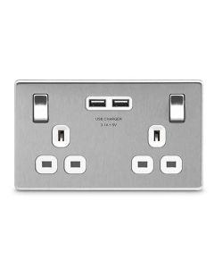 BG FBS22U3W Screwless Flat Plate Stainless Steel Double Switched 13A Socket with USB Charging - 2X USB Sockets (3.1A)