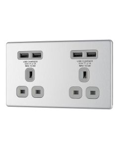 BG FBS24U44G Screwless Flat Plate Stainless Steel Double Unswitched 13A Socket with USB Charging - 4X USB Sockets (4.2A)
