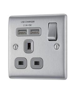 BG NBS21U2G Stainless Steel Single Switched 13A Socket with USB Charging - 2X USB Sockets (2.1A)