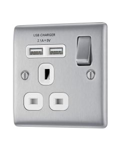 BG NBS21U2W Stainless Steel Single Switched 13A Socket with USB Charging - 2X USB Sockets (2.1A)