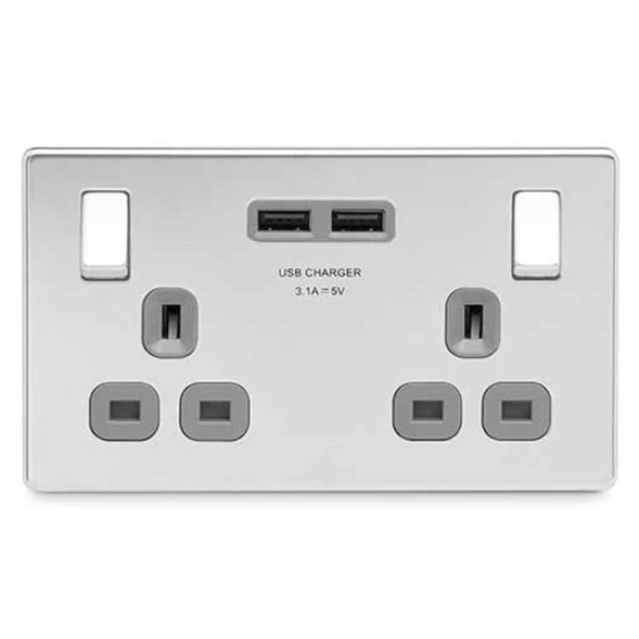 BG FPC22U3G Screwless Flat Plate Polished Chrome Double Switched 13A Socket with USB Charging - 2X USB Sockets (3.1A)