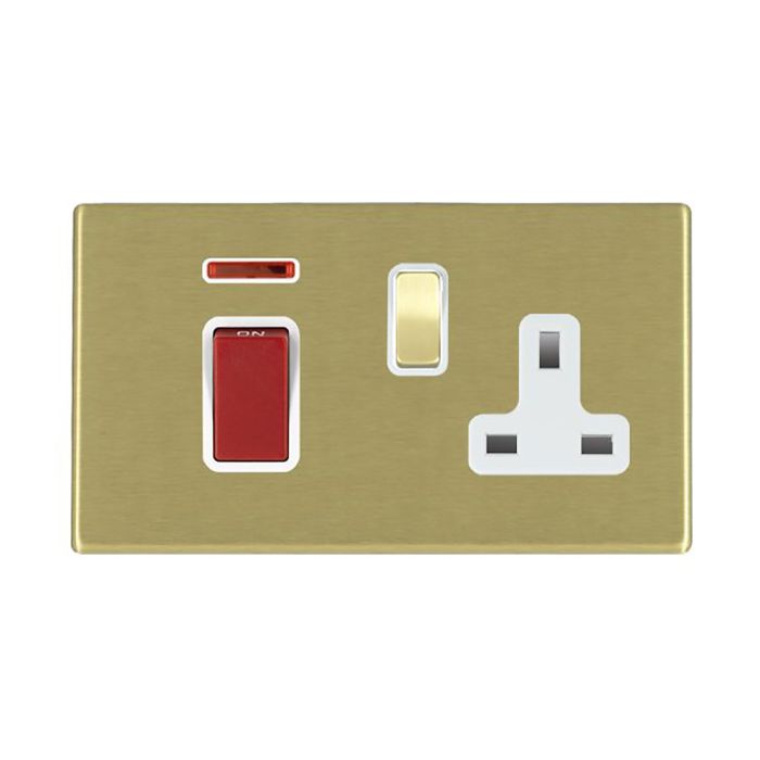 Hamilton 7G2245SS1SB-W G2 Satin Brass 45A double pole isolator and switched 13A socket with neon indicator