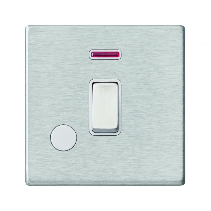 Hamilton 7G24DPNCSS-W G2 Satin Steel 20A double pole switch with neon and cable outlet
