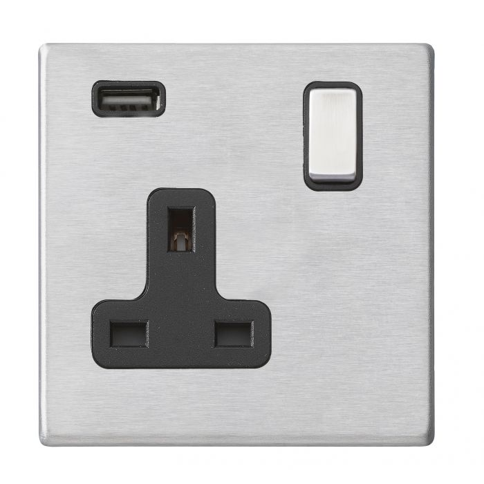 Hamilton 7G24SS1USBSS-B G2 Satin Steel 13A single switched socket with 2.4A USB charger