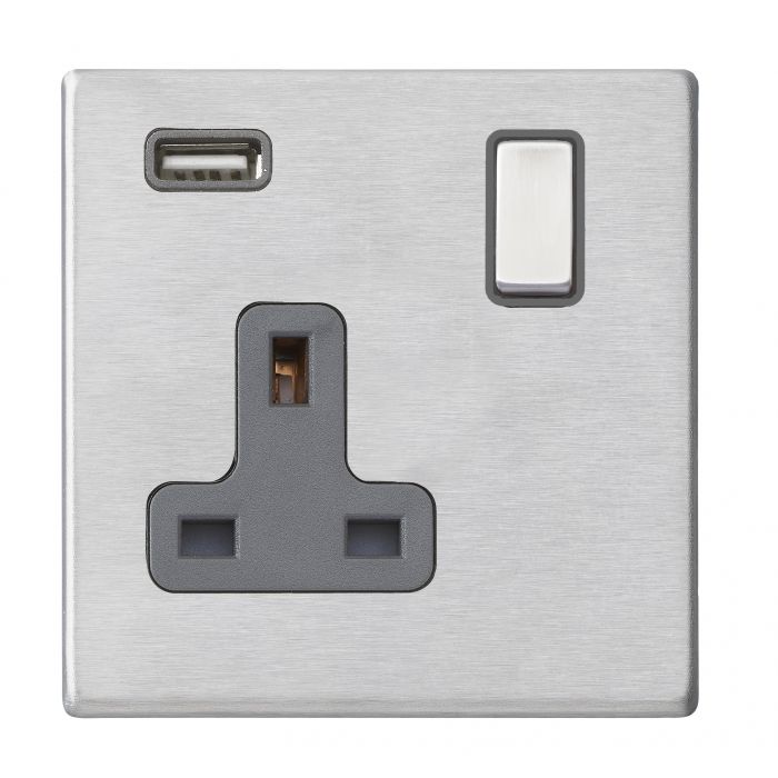 Hamilton 7G24SS1USBSS-QG G2 Satin Steel 13A single switched socket with 2.4A USB charger