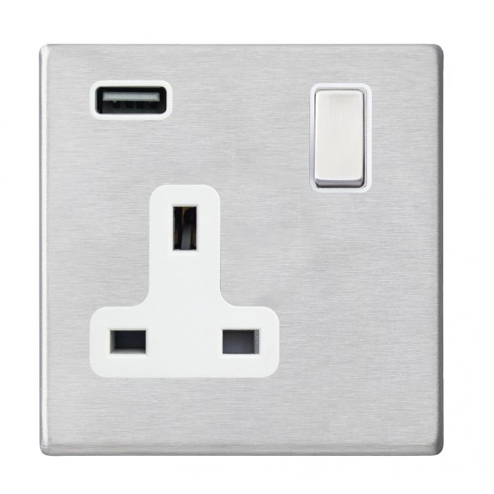 Hamilton 7G24SS1USBSS-W G2 Satin Steel 13A single switched socket with 2.4A USB charger