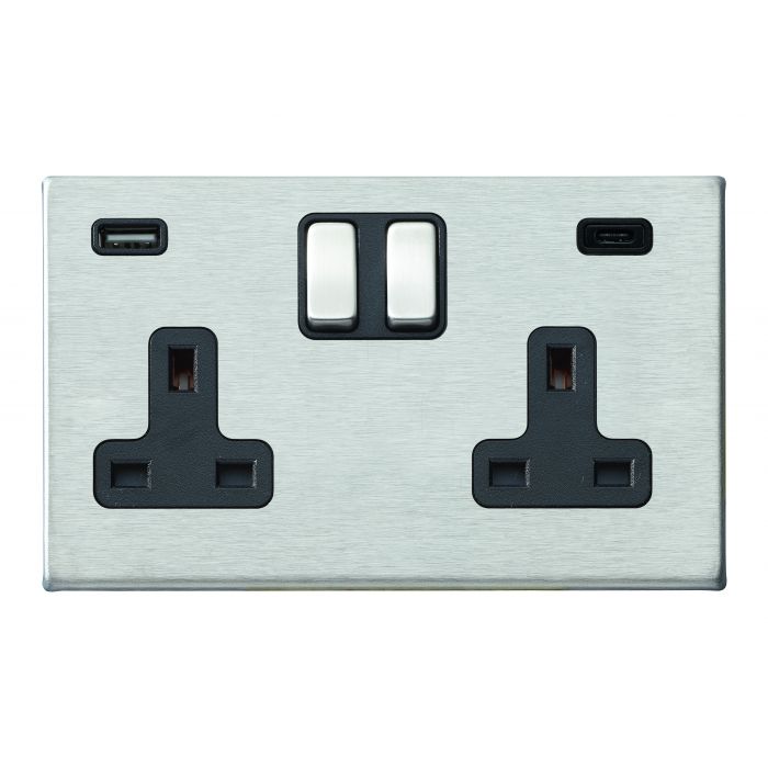 Hamilton 7G24SS2USBCSS-B G2 Satin Steel 13A double switched socket with 2.4A USB-C & USB-A charger