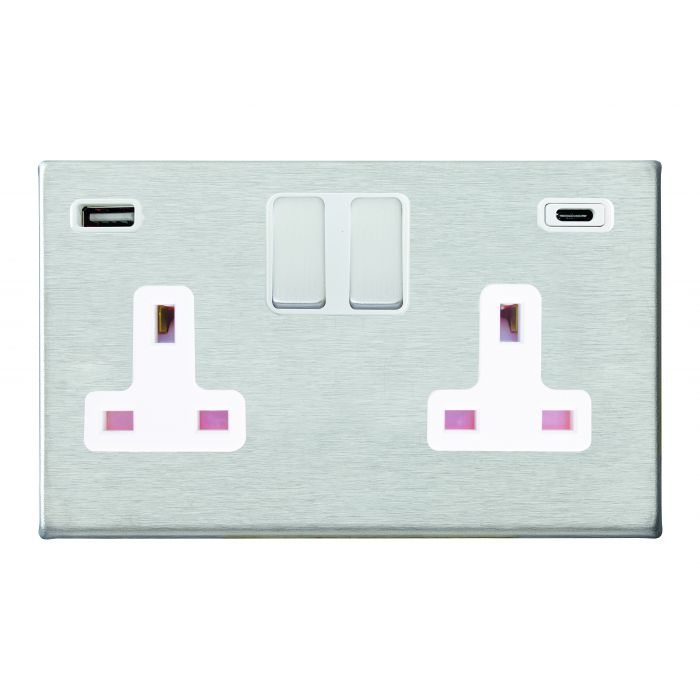 Hamilton 7G24SS2USBCSS-W G2 Satin Steel 13A double switched socket with 2.4A USB-C & USB-A charger