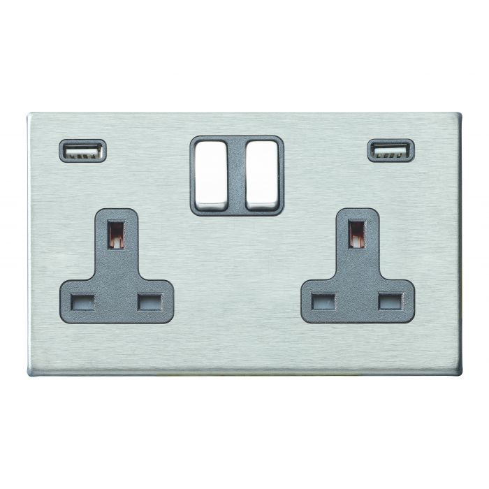 Hamilton 7G24SS2USBULTSS-QG G2 Satin Steel 13A double switched socket with dual 2.4A USB-A charger