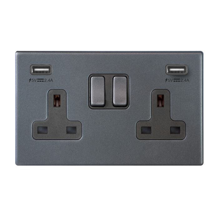 Hamilton 7G2ASS2USBULTGA-QG G2 Anthra Gray 13A double switched socket with dual 2.4A USB-A charger