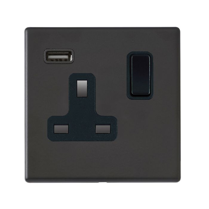 Hamilton 7G2MBSS1USBBL-B G2 Matt Black 13A single switched socket with 2.4A USB charger
