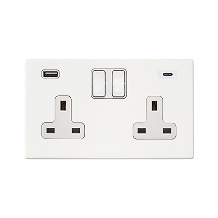 Hamilton 7G2MWSS2USBCWH-W G2 Matt White 13A double switched socket with 2.4A USB-C & USB-A charger