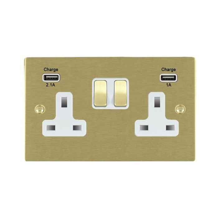 Hamilton 82SS2USBULTSB-W Satin Brass 13A double switched socket with dual 2.4A USB-A charger
