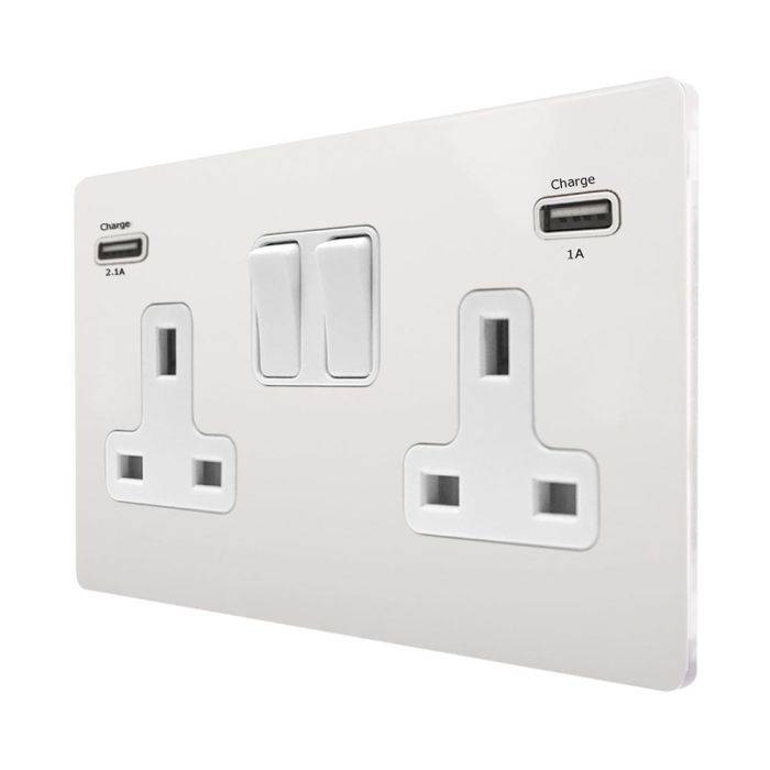 Hamilton 8WPCSS2USBULTWH-W CFX Primed White 13A double switched socket with dual 2.4A USB-A charger